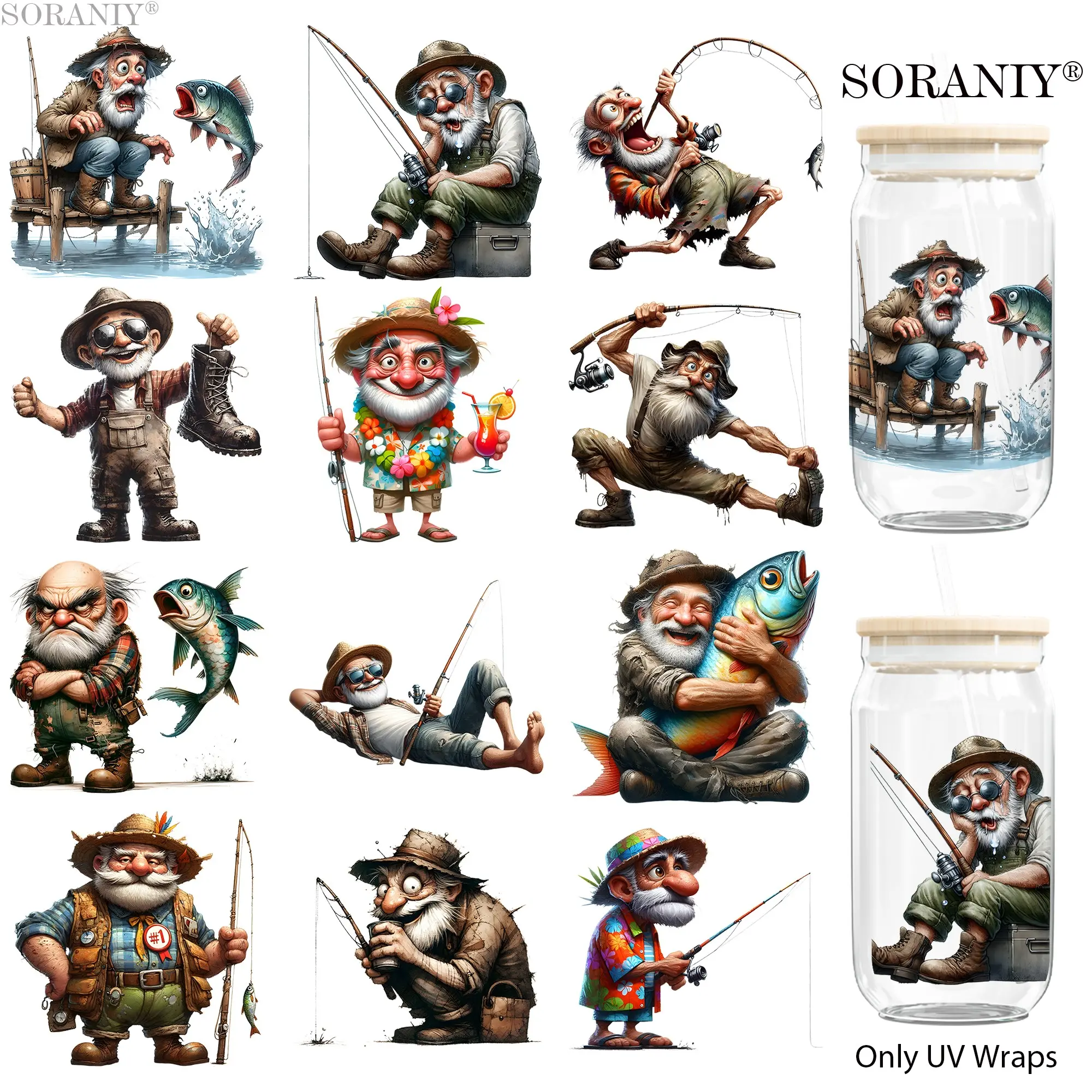 UV DTF keychain transfer stickers -24 pieces/set with ancient fisherman theme UV DTF 16OZ DIY keychain transfer stickers suitable for cups, water bottles, glass bottles, laptops, home decoration DIY high viscosity transfer paper easy to peel off high-defi