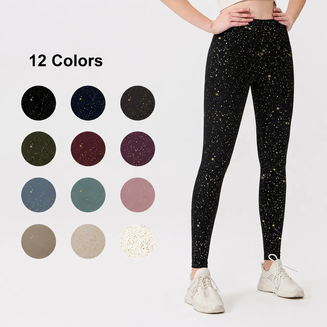 Women’s High Waisted Speckled Stars Full Length Bottoms - Gold Foil Speckle Stretch Fabric Yoga Leggings, Slim Fit for Gym & Daily Wear