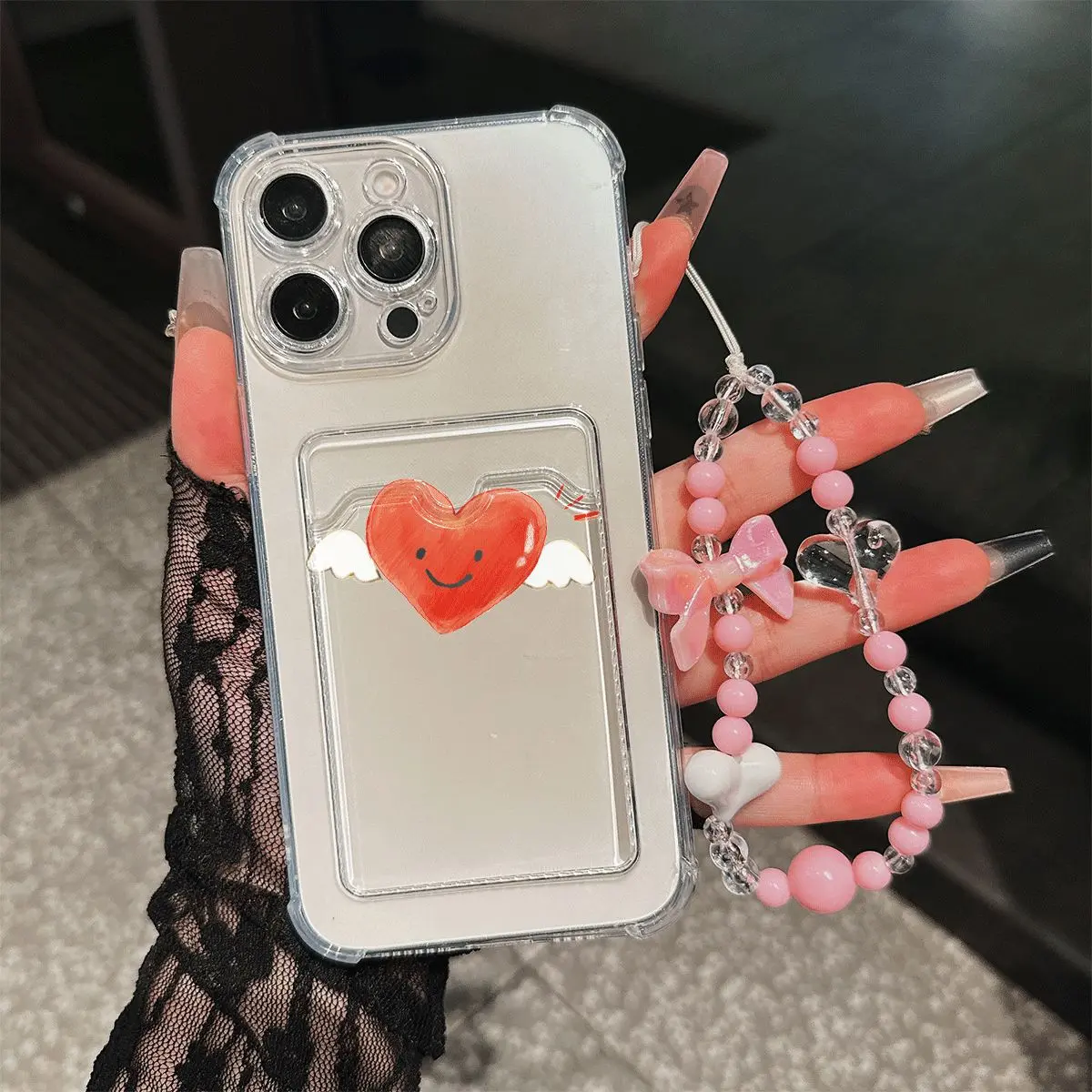 Cute Angel Wing Heart Phone Case Card Holder Shockproof Cover with Beaded Lanyard for iPhone11-17promax IPhone11/12/13/14/15/ Promax16/16Promax/16pro/16plus