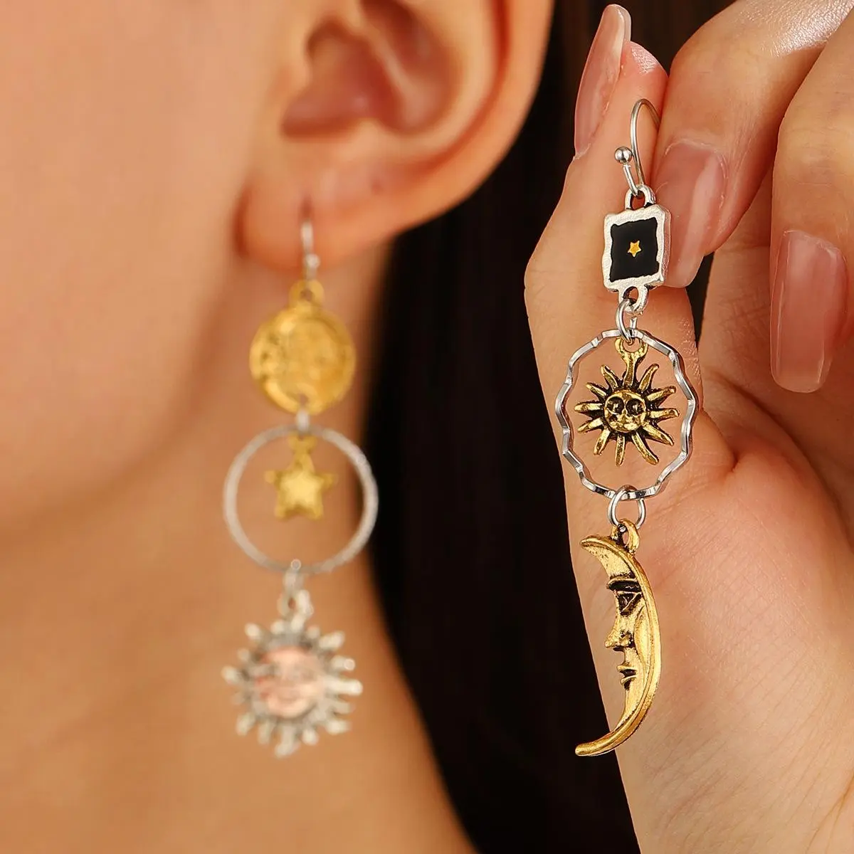 Asymmetric Celestial Drop Earrings for Women – Two Tone Mismatched Sun Moon Star Dangles | Retro Whimsigoth Astrological Grunge Statement Ear Jewelry Collection