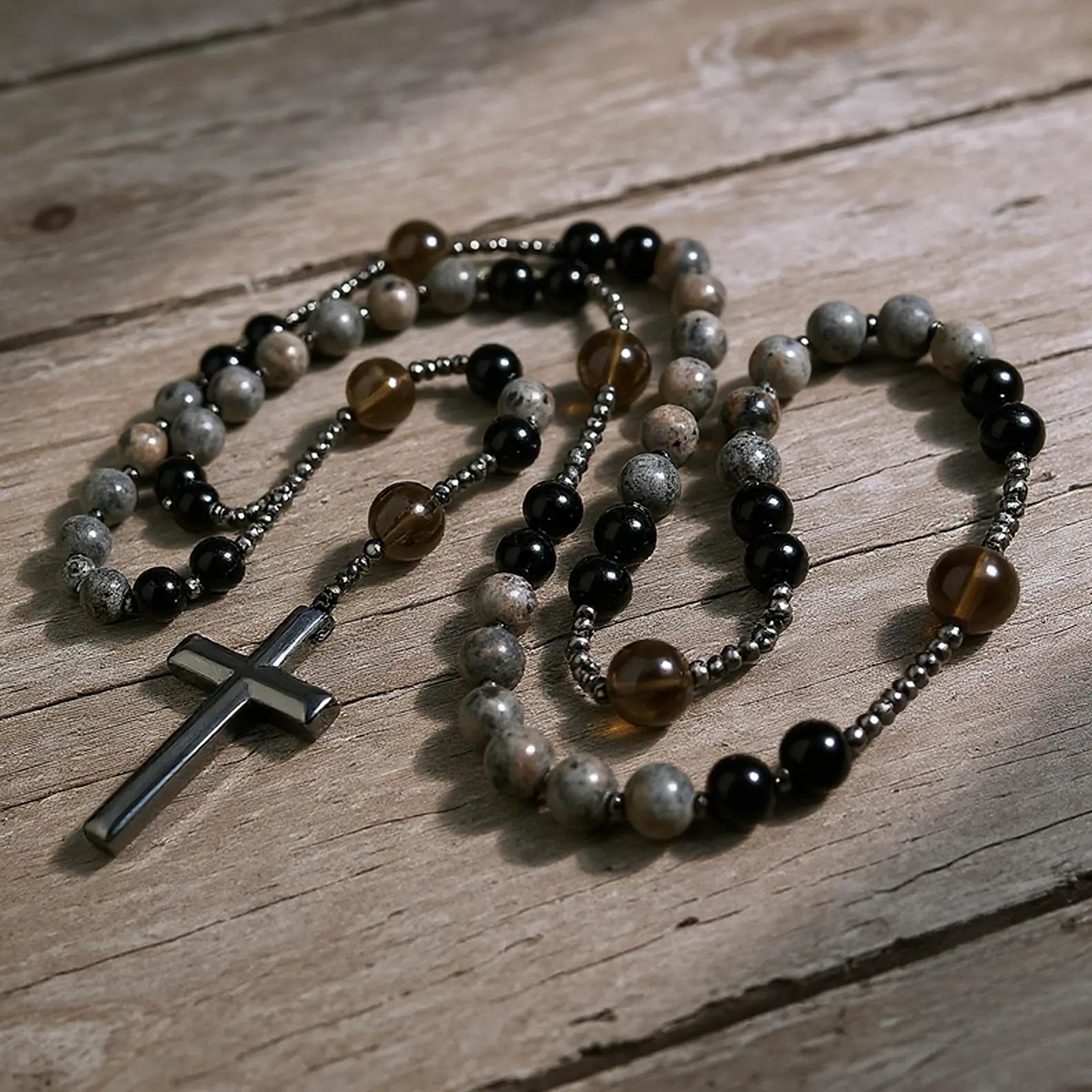 Natural Obsidian Yooperlite Rosary  UV Reactive Protection  Hematite Stone Cross Pendant   for her,  for him necklace Fashionable Collarbone Chain elegant rhinestone gift sparkly Adjustable Heart Rate Couples Set Day woman party Daily Bible Verse daughter