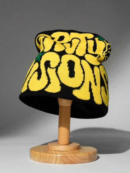 Men’s Letter Jacquard Spider Web Knit Hat Street Style Warm Beanie for Fall and Winter Fashionable Casual Winter Headwear