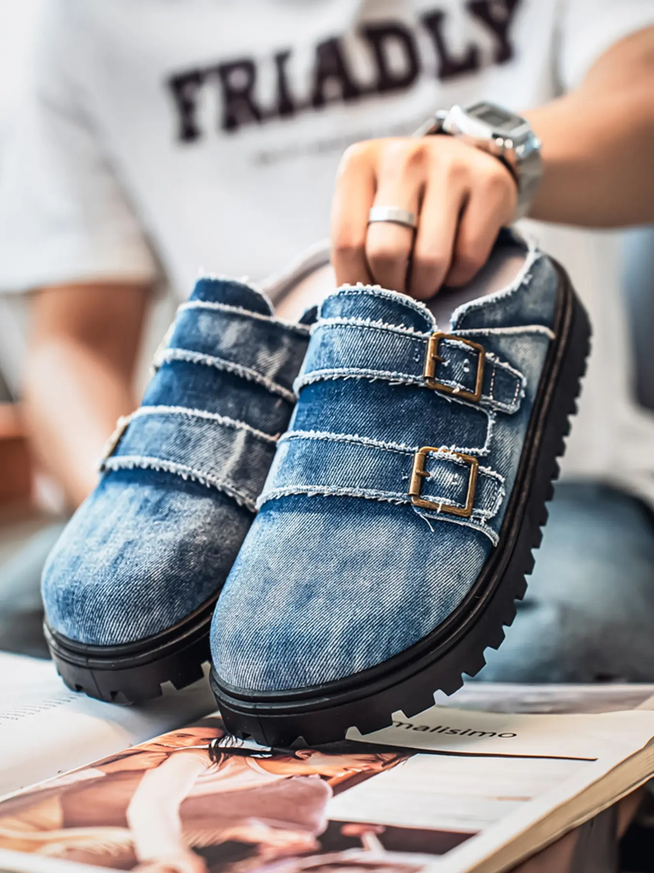 Men's Denim Double Buckle Backless Mules, Vintage Washed Frayed Edge Platform Slip On Slides Casual Outdoor Flats Casual Shoes Clogs