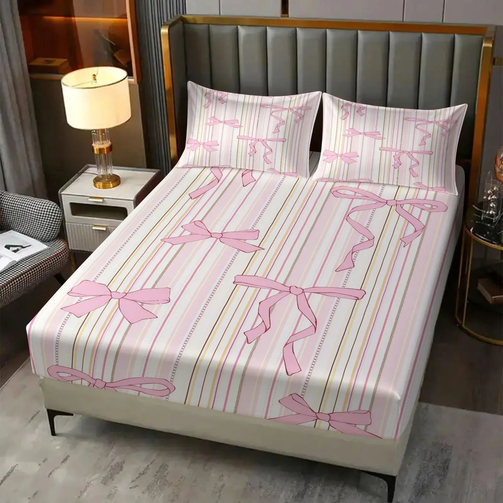 Striped Bow Print Pattern Bed Sheet Set, 1 Bed Sheet With 2 Pillowcases (Excluding Pillow Core), Available In Multiple Colors, Suitable For Bedrooms, Dormitories, And Guest Rooms, Suitable As Gifts And Decorations