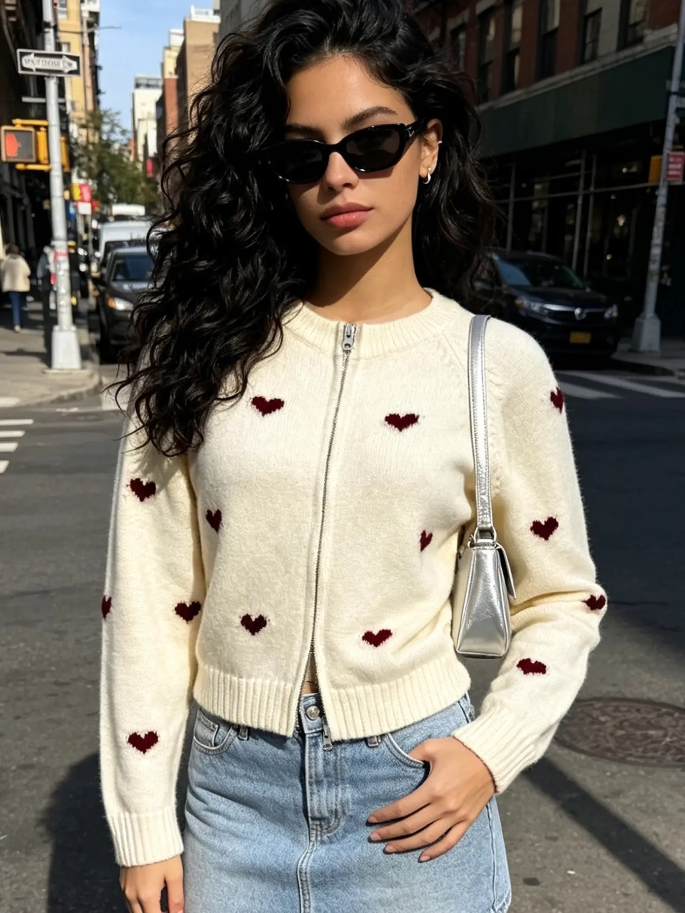 Women's Fall Winter Casual Heart Zipper Cardigan, Fashion Colorblock Knit Open Front Coat, Stylish Pullover Top for Valentine's Day