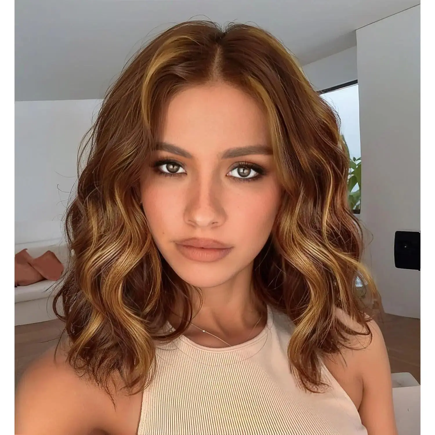 Nayasa 13*4 Lace Front Wigs for Women Brown Highlight Short Wavy Wig for Women14inch Honey Blonde Curly Wavy Wigs Middle Part Lace Front Natural Hairline Bob Wigs Synthetic Heat Resistant Fiber Wig for Daily Party Use