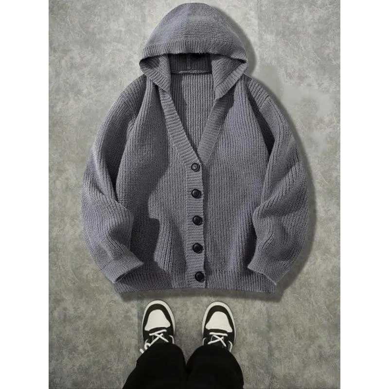 Men's Solid Color Big Button British Style Outdoor Warm Hooded Knitted Cardigan Sweater, Ideal for Fall and Winter Wear