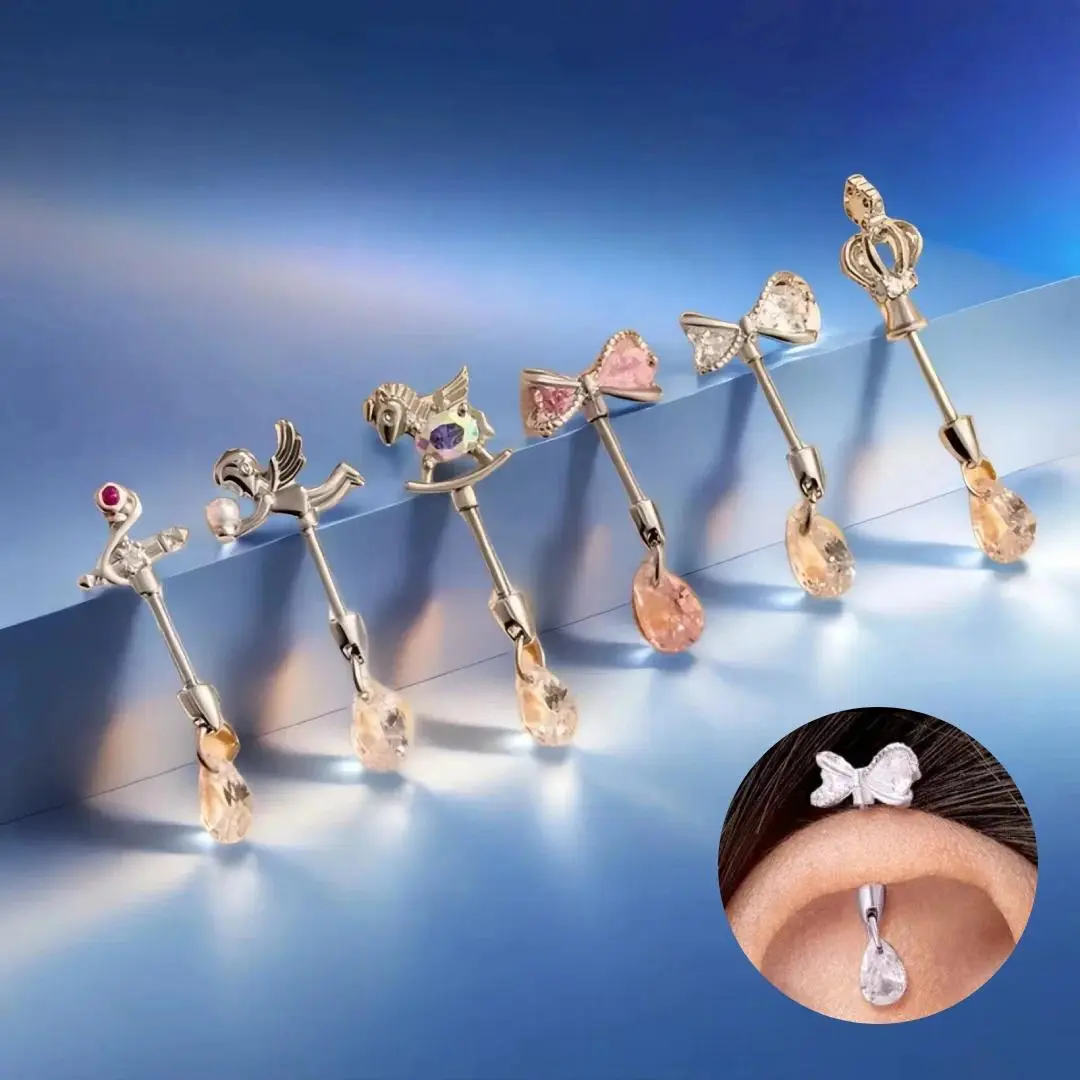 Women's Titanium Steel Unicorn Crown Bow Helix Piercing Stud Earrings - Vertical Carousel Post, Zircon Accent - Fashion Costume Jewelry Accessory