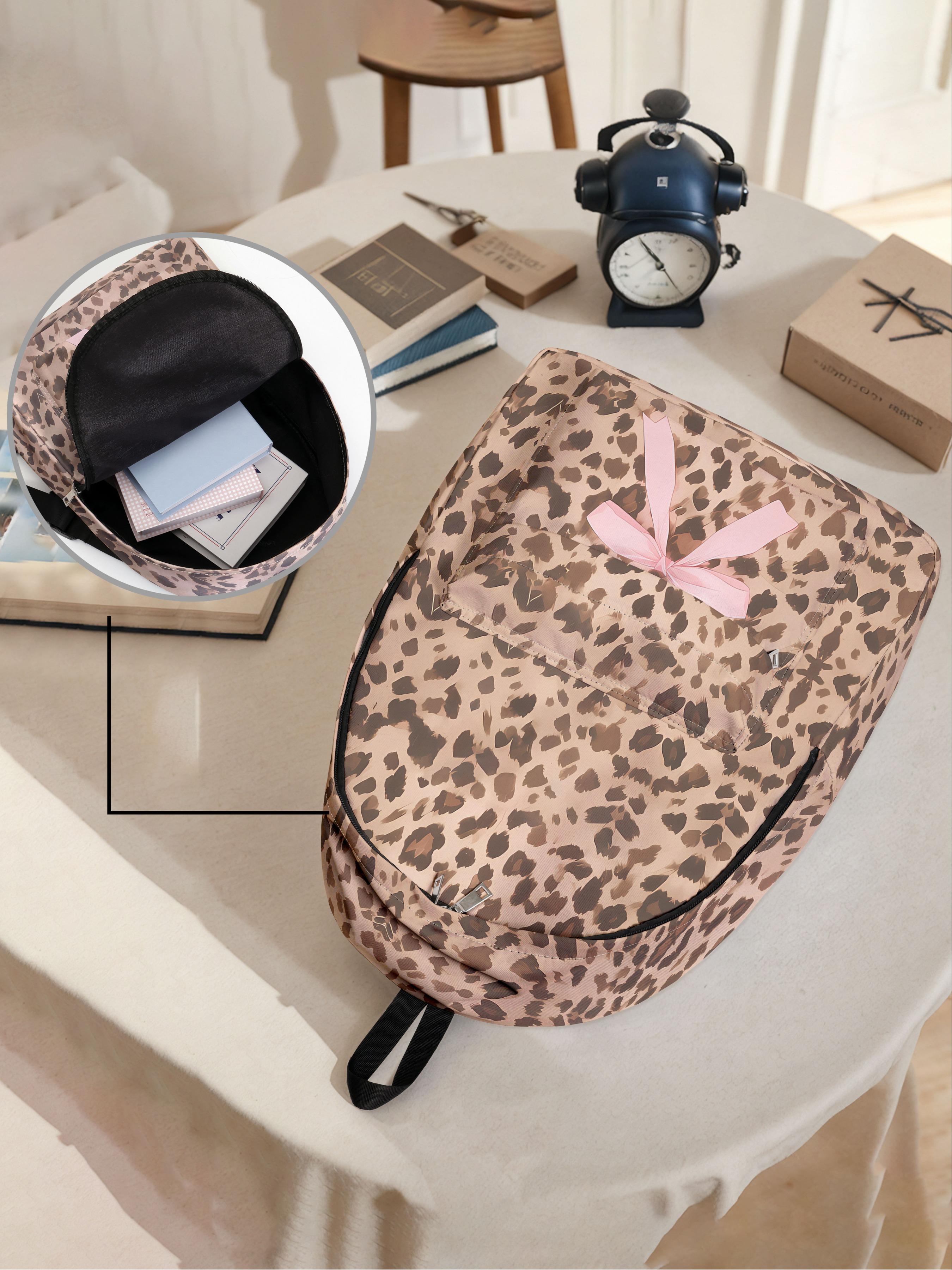 Leopard Print Bow Backpack with Fun Design, Spacious Storage for School Travel and Daily Use, Casual Style for All Seasons, Casual Printed Backpack