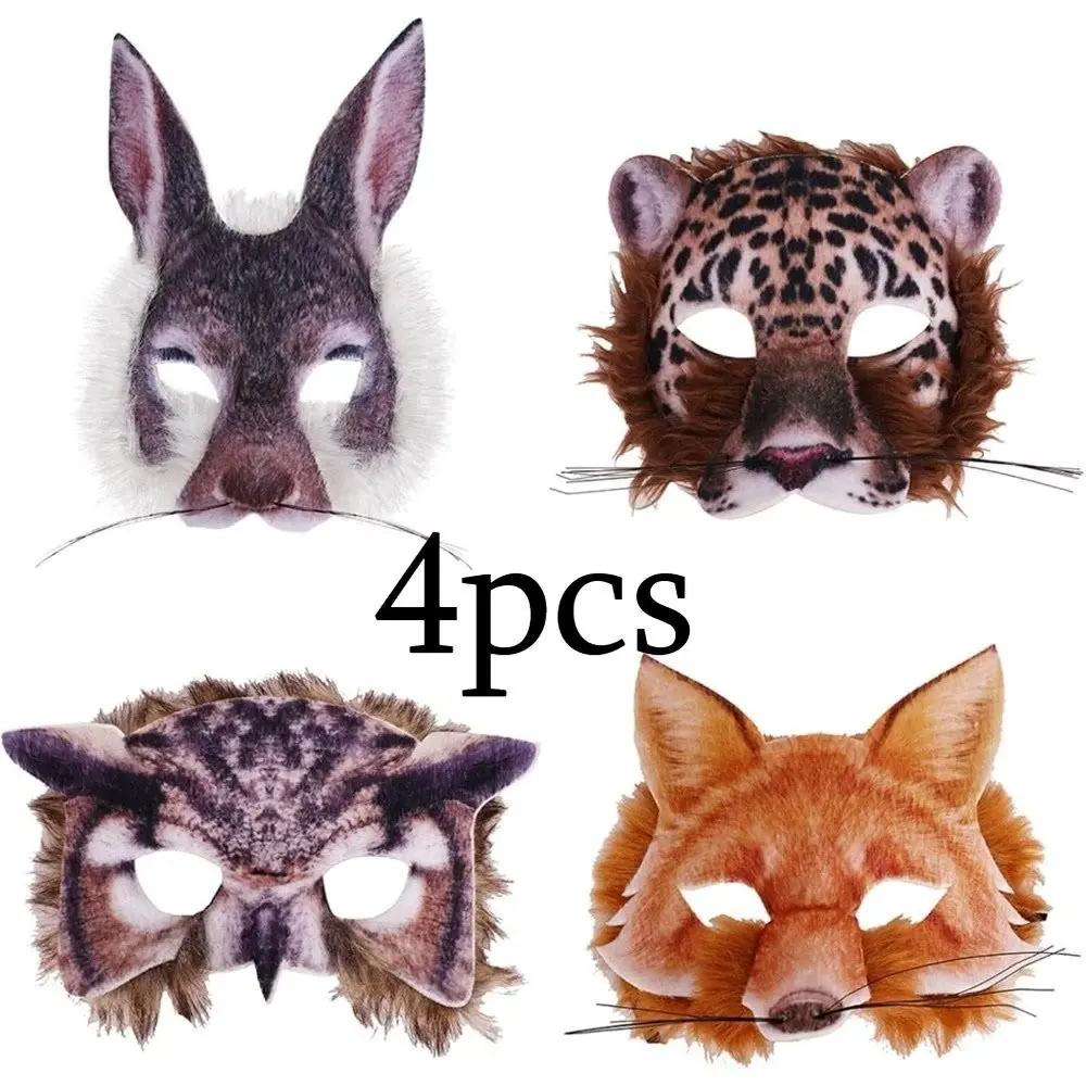 4-Piece Animal Half Face Mask Set, Realistic Plush Rabbit, Leopard Print, Owl, Fox Masks, Soft Fur Animal Masks for Halloween, Cosplay, Costume Parties