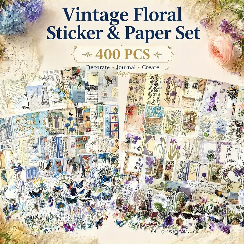 400PCS Vintage Floral Sticker & Paper Set, Botanical Flower Butterfly Ephemera Junk Journal Supplies, Aesthetic Scrapbooking Decorative Stickers Paper for Diary Planner Album DIY Craft Gift