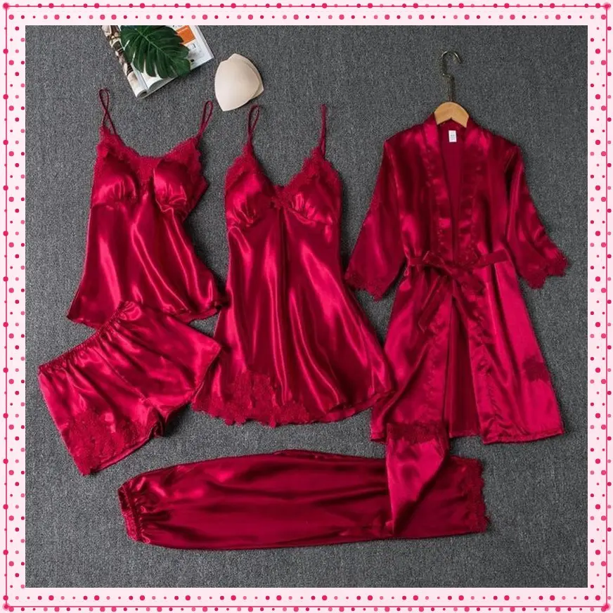 PC Silk Robe Sleep Suit Womens Lace Satin Pajamas Gown Set V-Neck Cami Nighties Wear Pijama Home Nightwear Spring NightdressGift