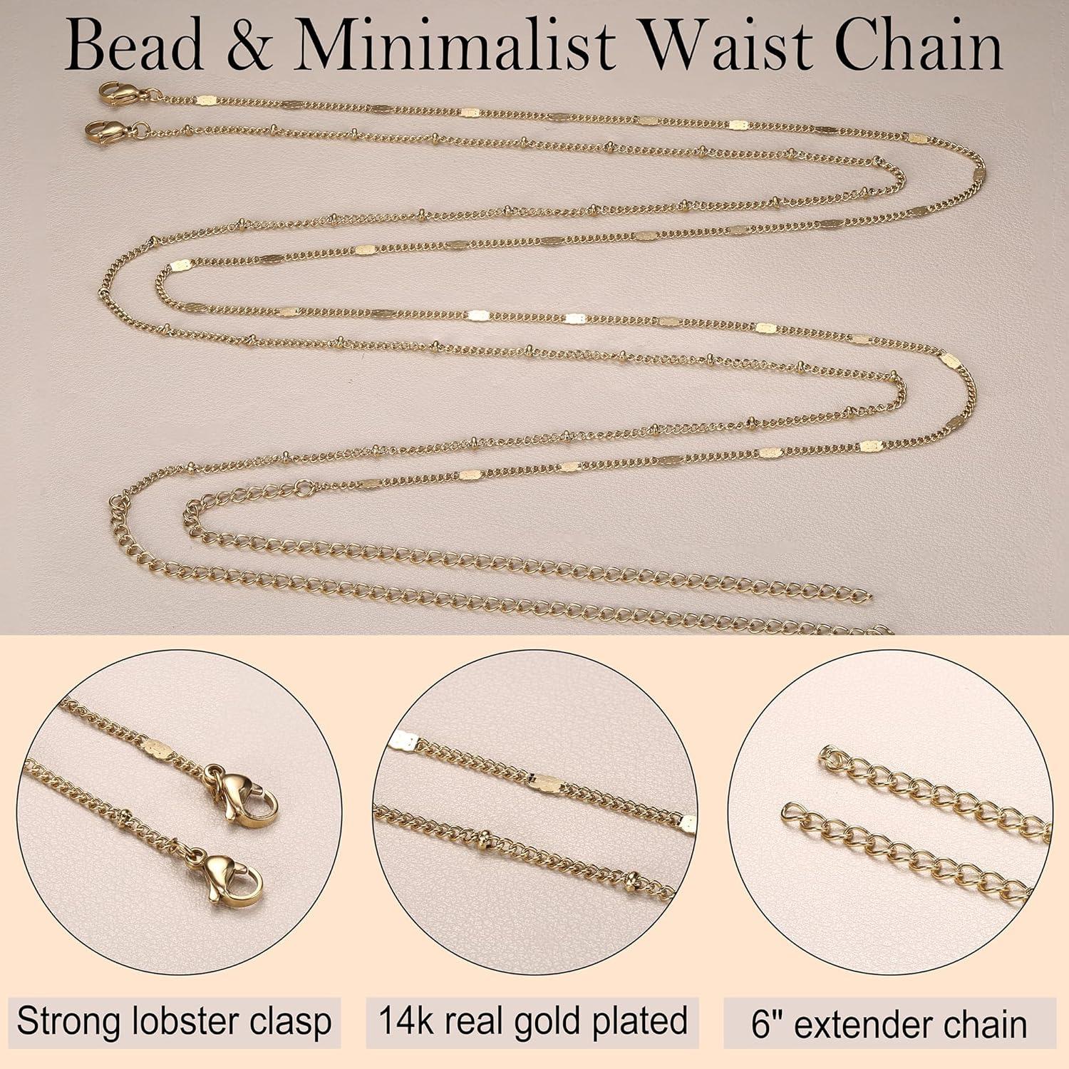 ZELORES 2Pcs Gold Belly Chain for Women Waterproof Stainless Steel Pearl Shell Starfish Body Chain 26"-43" Adjustable Waist Chain