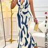 Women's Summer Sexy Chic Fashion Wave Print Deep V Waist Cinched Ruched Halter Neck Bodycon Fitted Elegant Party, Perfect for Vacation, Beach Party & Date Elegance Dress Up Gown