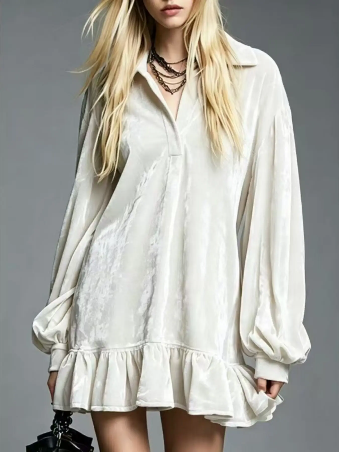 2026 Cross-Border European and American Style Velvet Collar Dress, Melanoid Lantern Sleeve Ruffle Hem Loose Shoulder Short Shirt Dress