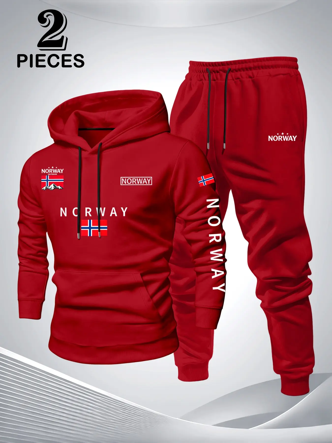 Men's Norway Flag Print Warm Fleece 2-Piece Set, Outdoor Hiking Pants + Hoodie, Windproof Thick Inner Layer, Winter Fashion