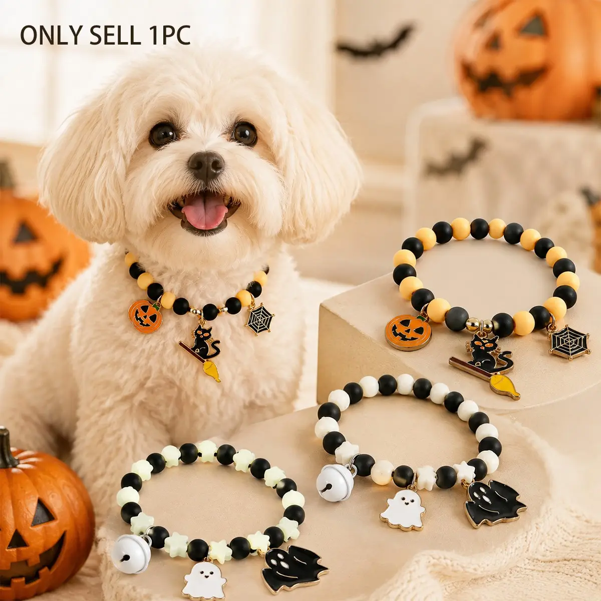 Halloween Pet Necklace, Cute Beaded Dog Collar with Pumpkin Ghost Bell Charms, Stretch Pearl Necklace for Small Dogs Cats, Halloween Costume Party Accessories