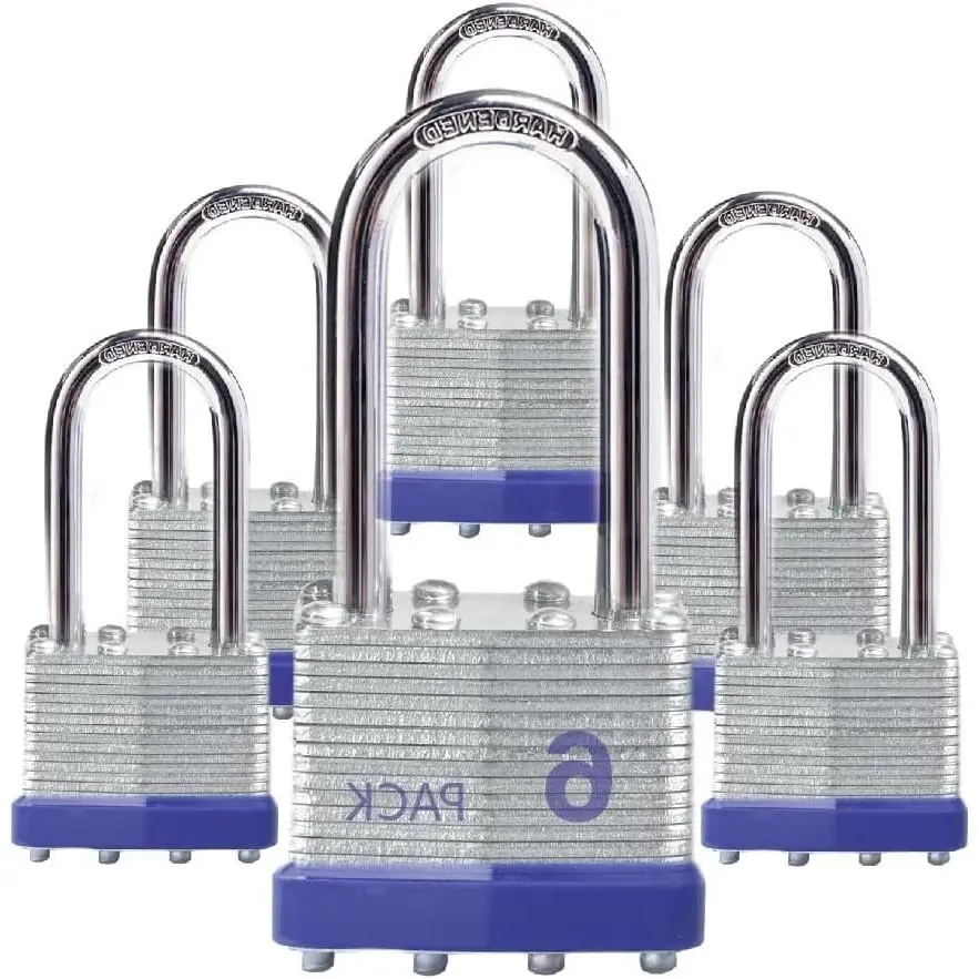 Laminated Steel Padlocks, 6 Pack, Long Hardened Shackle, Keyed Alike, Brass Cylinder & Keys, Blue Ring ID, 6 Locks / 12 Keys, for Lockers & Warehouse DoorsGift