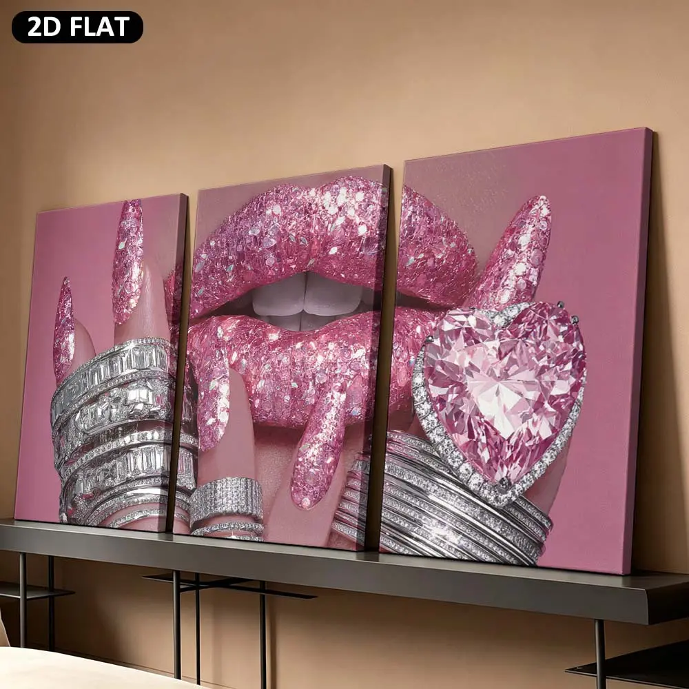 2D canvas, 3-piece set of modern framed canvas paintings--Sparkling diamond lip gloss and nails paired with a heart-shaped ring, luxurious decoration suitable for the bedroom, high-quality framed prints can be used in the office, bathroom, easy-to-hang de
