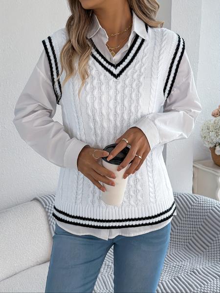 Women's Colorblock V Neck Knit Vest, Preppy Style, Lightweight Vintage Design, Perfect for Spring/autumn/winter Seasons