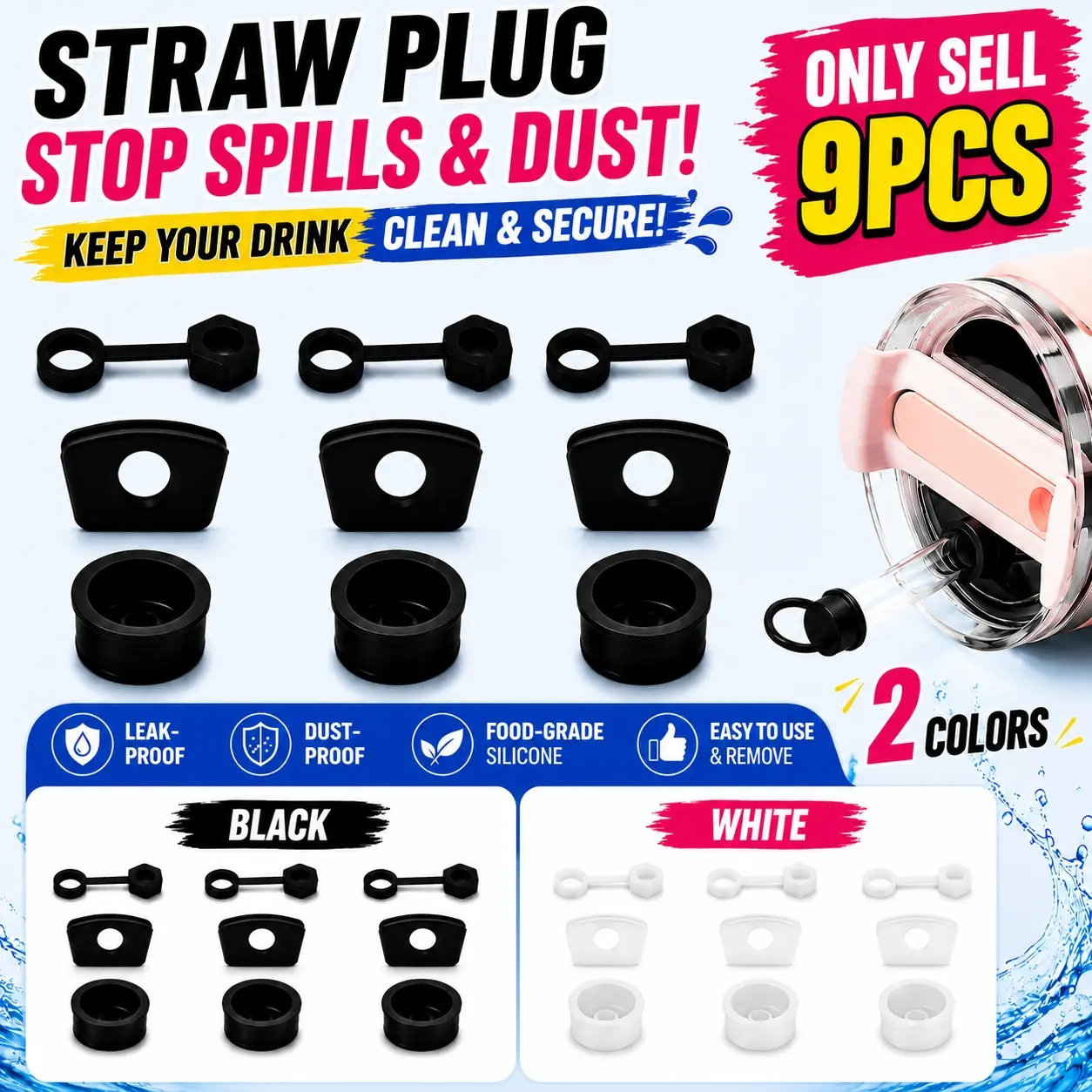 9pcs anti-spill and dust-proof straw stoppers, simple straw plugs | Cup accessories, including 3 straw caps, 3 square anti-spill stoppers, and 3 round leak-proof stoppers