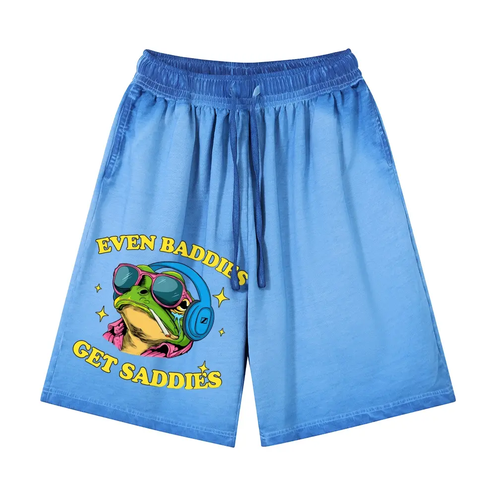 "Even Baddies Get Saddies" Funny Shorts Men | Vintage Pink Frog Meme Sweat Shorts, Retro Gym Drawstring Shorts, Humorous Streetwear Cargo Shorts