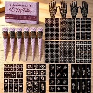 Complete Temporary Henna Tattoo Kit – 6 Count Multi-Color Mehndi Paste Cones with Hand & Alphabet Tattoo Stencils, Natural Non-Toxic Waterproof Long Lasting Temporary Colour Paste, DIY Body Tattoo Set for Women Holiday Wedding Bohemian Party