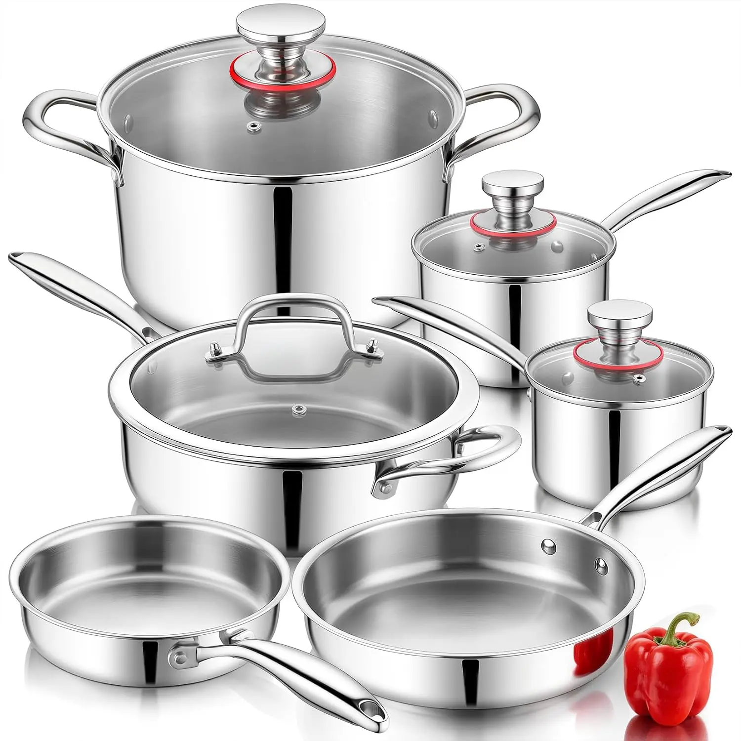 Stainless Steel Cookware Set of 6, 10-Pieces Pots and Pans Sets | 3-Ply Pots and Pans for Kitchen, Induction Multi Cooktops & Oven, Dishwasher Safe, Frying Pans, Saucepans, Saute Pan & Pot