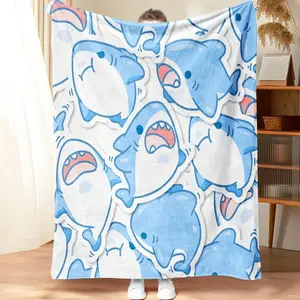 1pc Cute Shark Flannel Blanket, Ultra-Soft All-Season Bedspread with Smiling Shark Face Print, Blue White Grey Cozy Throw for Bed Couch Camping, Gift for Adults and Children, kid Christmas Gift