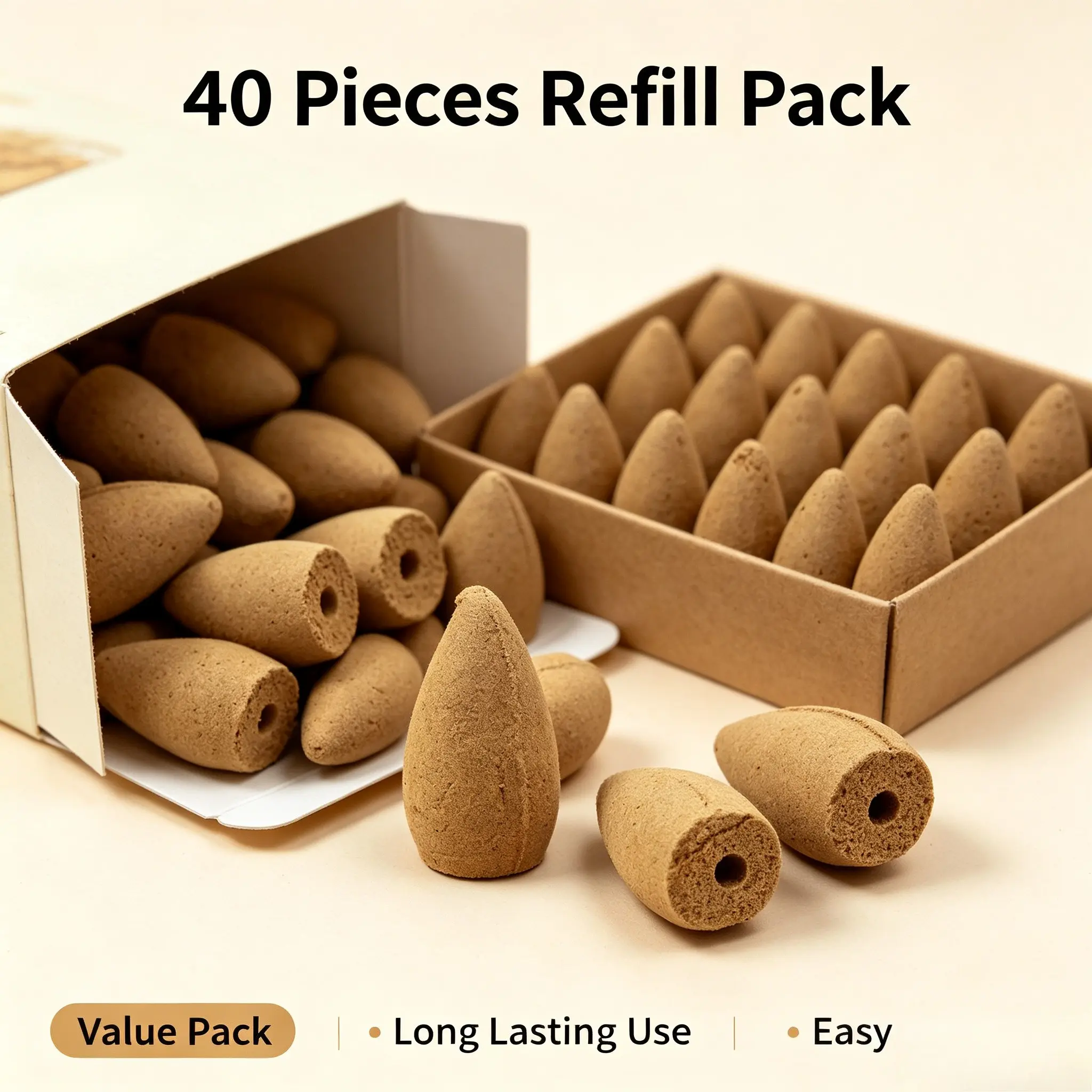 Natural Backflow Incense Cones 40 Pieces, Replacement Fragrance Cone for Waterfall Burners, Home Indoor Decor Essentials