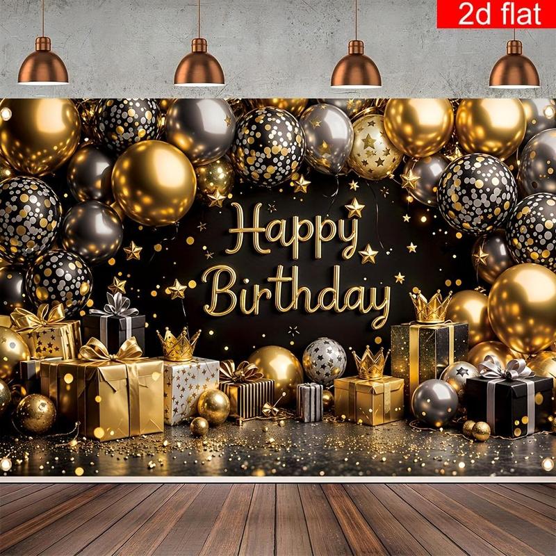 1pc 2D Flat Happy Birthday Party Banner - Black & Golden Crown Balloon Design with "Happy Birthday" Text, Durable Polyester Photography Backdrop for Indoor/Outdoor Decor, Perfect for Wall, Livin White