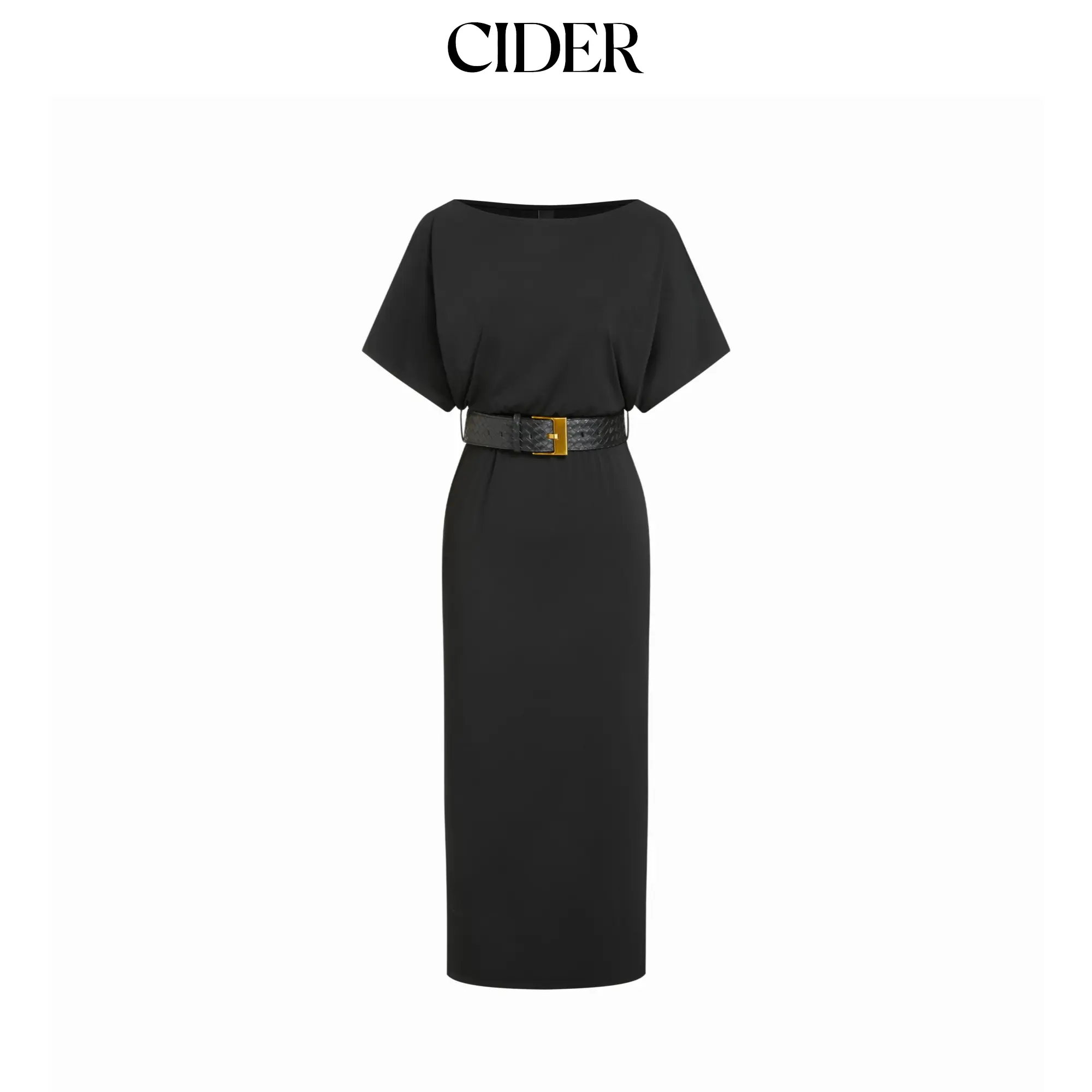 Cider High Stretch Boat Neck Batwing Sleeve Straight Maxi Dress With Belt