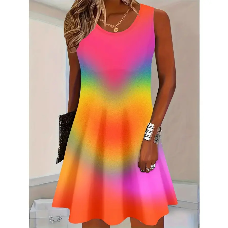 Women's Bohemian Rainbow Tie-Dye Sleeveless Summer Dress - Print Design, No Texture - Ideal for Beach Parties, Outings