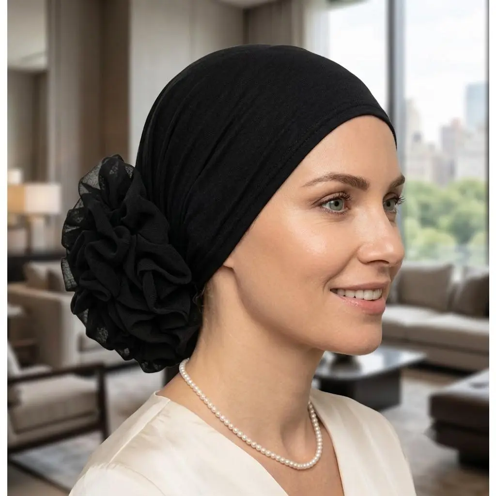 Ribbed Flower Back Turban Head Wrap, Stretch Solid Color Muslim Hijab Cap