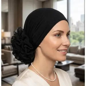 Ribbed Flower Back Turban Head Wrap, Stretch Solid Color Muslim Hijab Cap