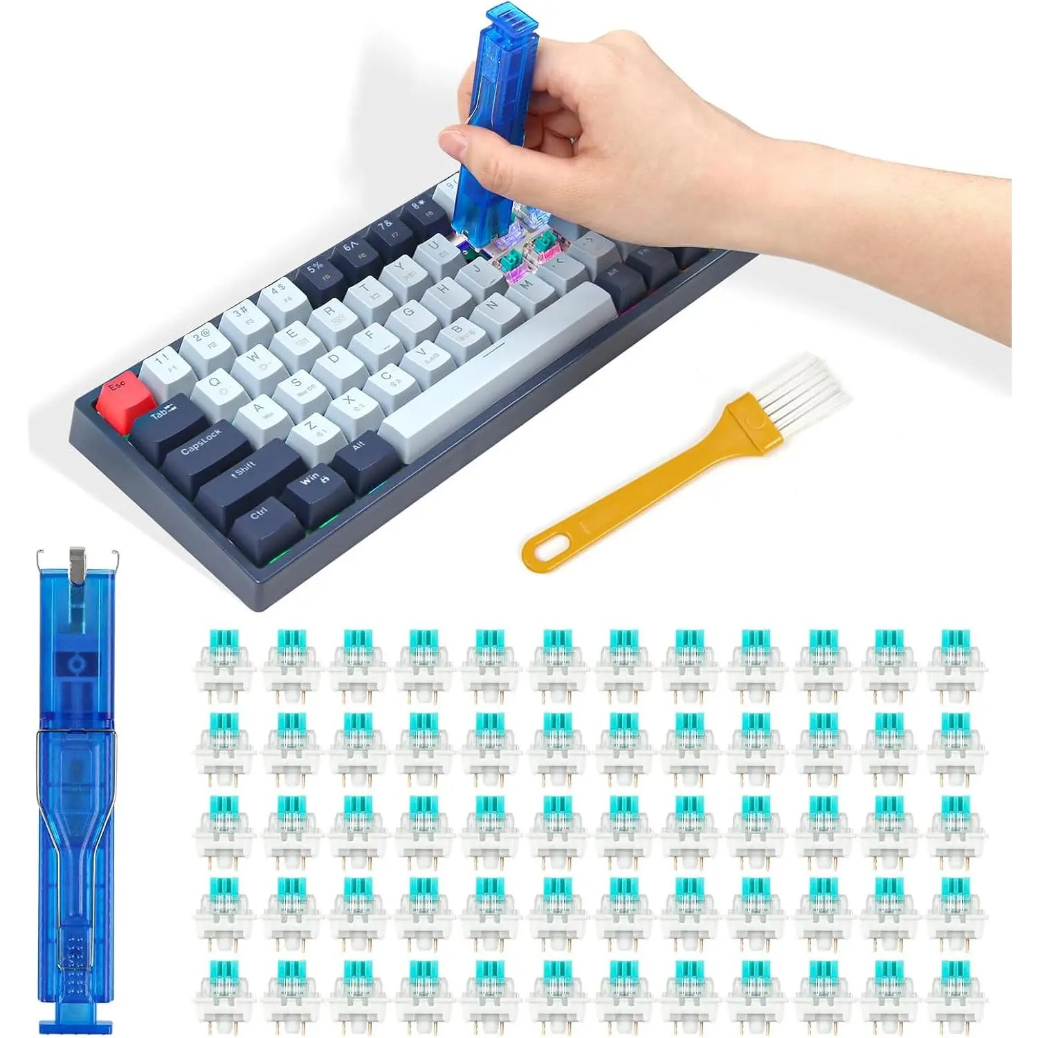 60 count Mechanical Keyboard Switches 3-Pin Clicky Tactile, with 2-in-1 Keycap Puller and Cleaning Brush for DIY Custom Keyboards