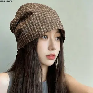 New Retro Plaid Women’s Thin Beanie Hat for Summer, American Wasteland Street Style Double-Sided Wear Stacked Cold Hat