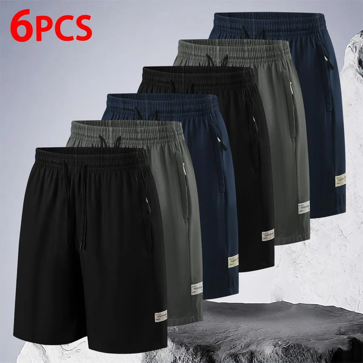 Men's 6-Pack Baggy Loose-Fitted Minimalist Casual Shorts - Elastic Waist, Zipper Pocket, Tag-Accented, Quick-Dry Woven Breathable Bottoms - Bulk Fashion, Streetwear Clothing for Daily Errands, Hangouts - Above-The-Knee, Washable Menswear S, Bulk Fashion M