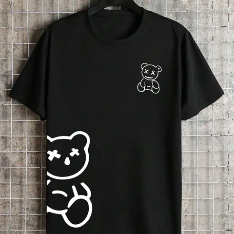 Men's Cartoon Bear Print Round Neck Tee, Regular Fit Short Sleeve Crew Neck T-Shirt for Daily Outdoor Wear, Casual Comfy Knitting Top for Summer