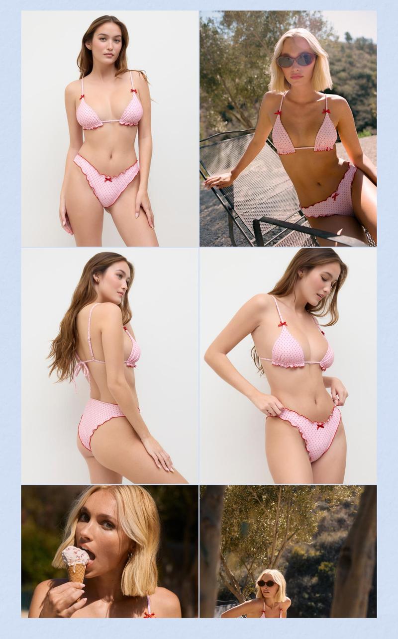 Cider V-neck Polka Dot Lettuce Trim Bowknot Halter Bikini Set