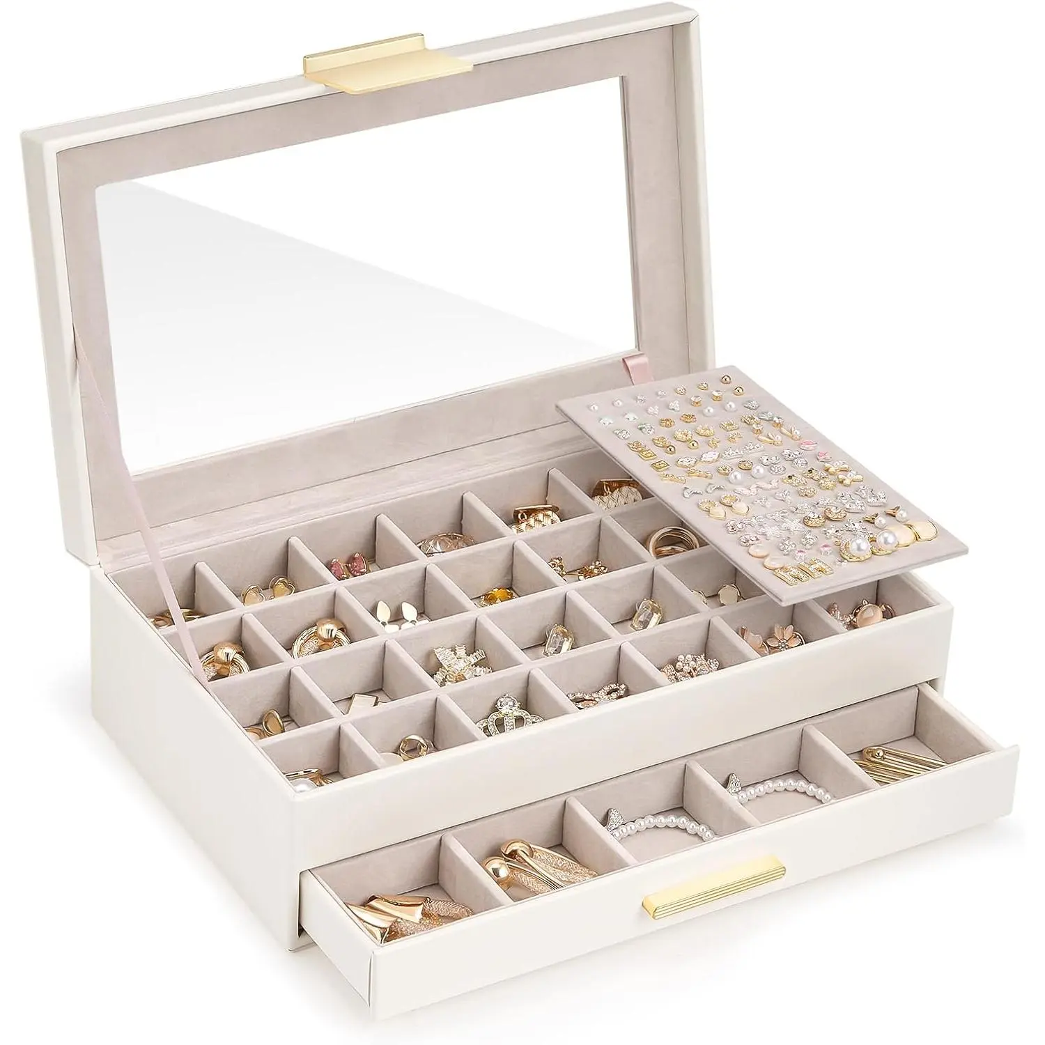Earring Storage Box Case with Glass Top, Large Earring Jewelry Holder Organizer Display with Drawer and Grid, Gift for Girls Women -2 Tiers, Cloud White