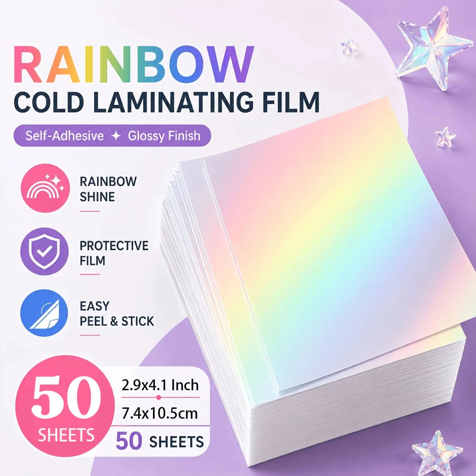 50 Sheets Rainbow Holographic Self-Adhesive Laminating Sheets, 2.9×4.1 Inch, Clear Transparent Overlay Films, Ideal for Stickers & Craft DIY