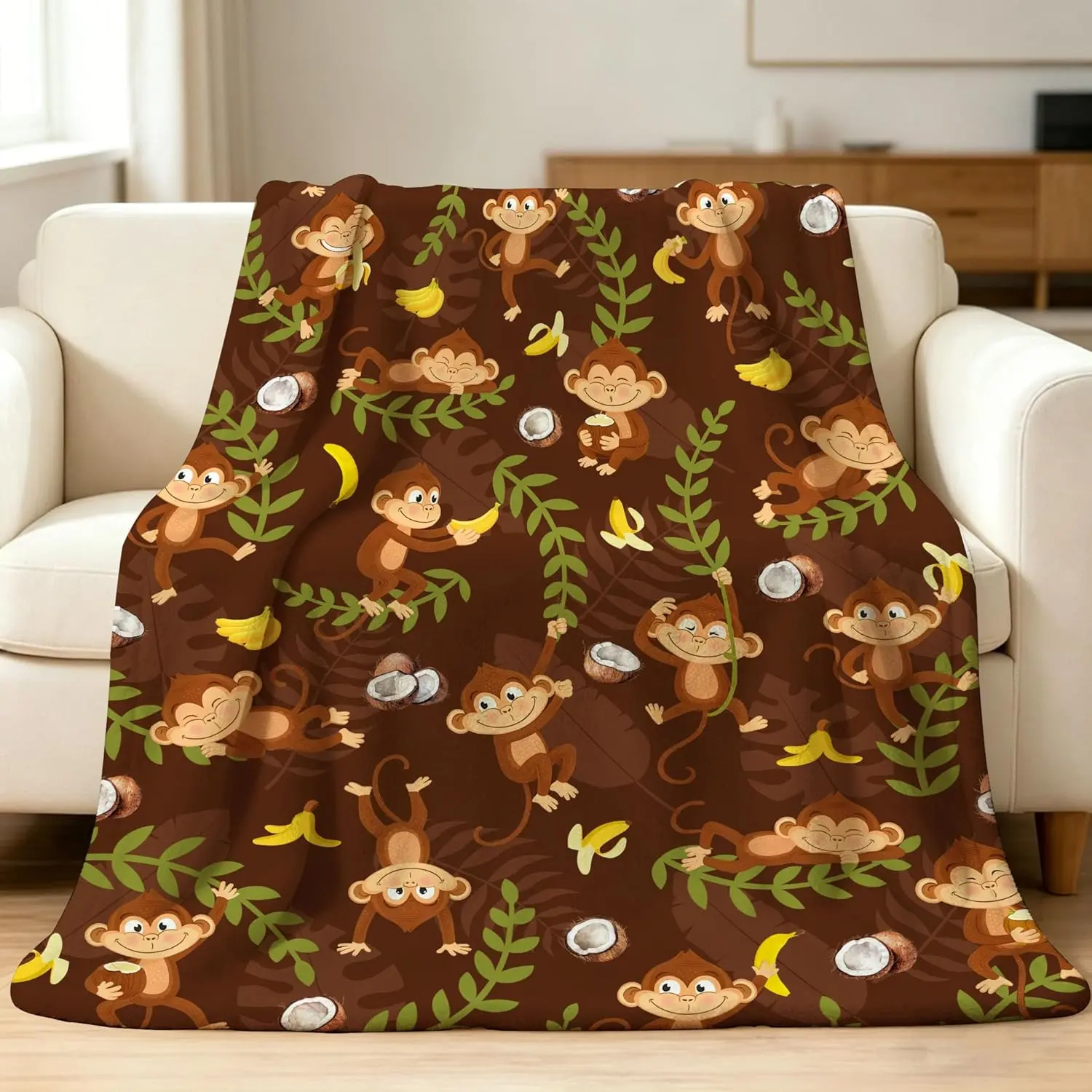 Monkey Flannel Throw Blanket - Polyester, Cute Primate Pattern, for Animal Love Enthusiasts, Ideal Gift for Kids & Adults