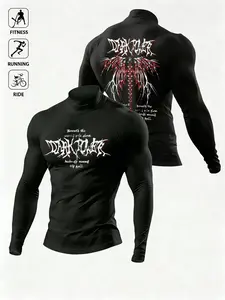 Men's Dark Power Gothic Compression Shirt - Mock Neck Muscle Fit Long Sleeve Gym Top with Wing Graphic - High Performance Quick-Dry Base Layer for Bodybuilding, Powerlifting and Hardcore Fitness - High Performance Activewear