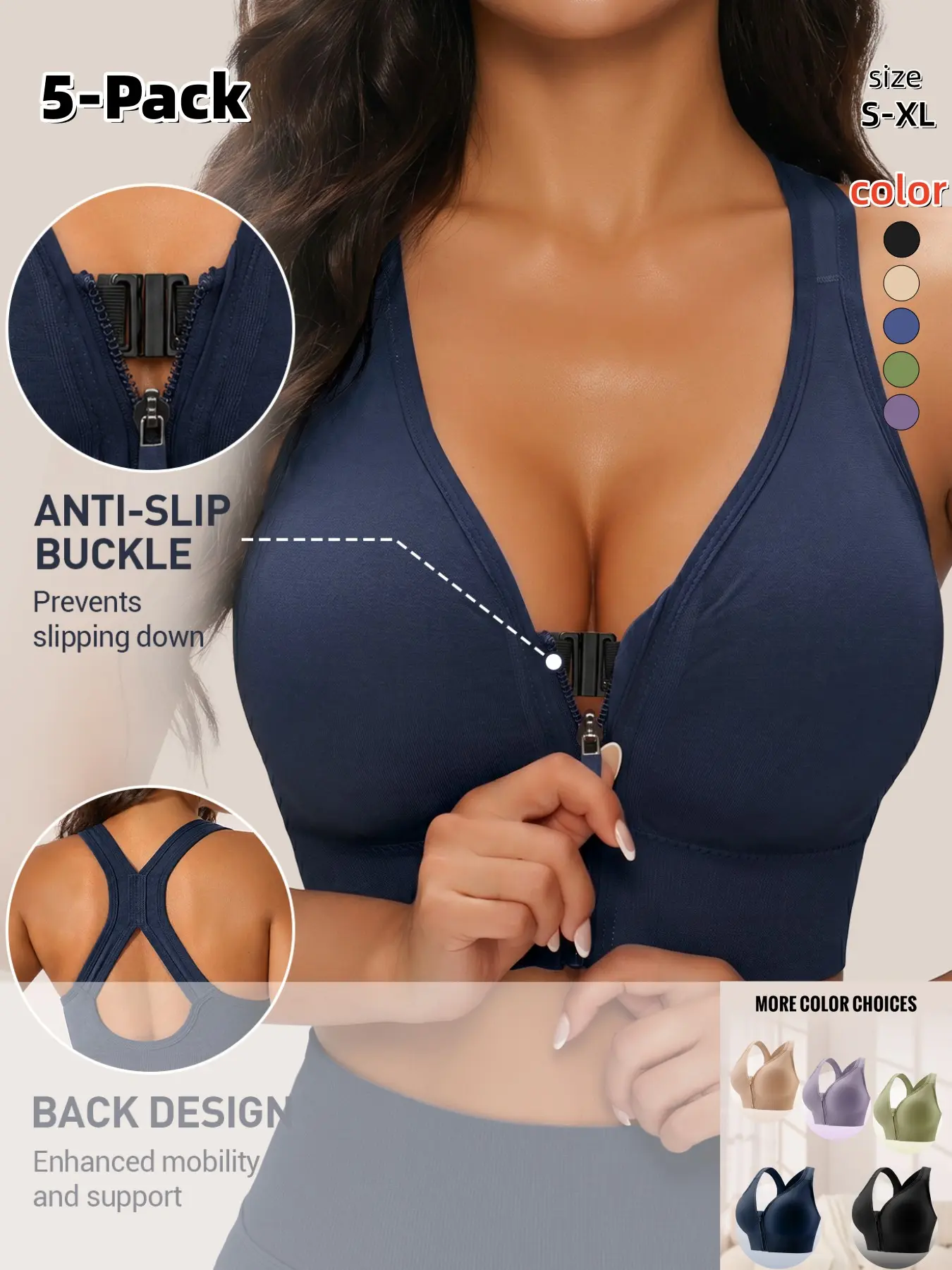 Women's Front Zip Sport Bra, Updated Design, Back X-Shape Wide Straps, Wireless Elastic Comfort, Detachable Pads, All Season Wear