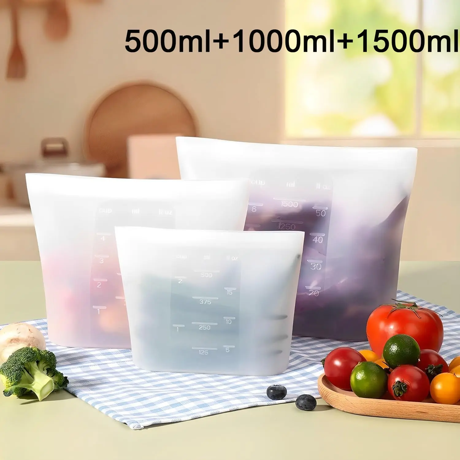 3PCS Reusable 100% Silicone Food Storage Bags, Sandwich Snack Bags, New Generation Stand Up Zip Container for Soup and Leftovers, Plastice & BPA Free, Airtight, Microwave Oven Safe, Eco-Friendly Alternative To Plastic Bags, 17oz, 34oz, 51oz