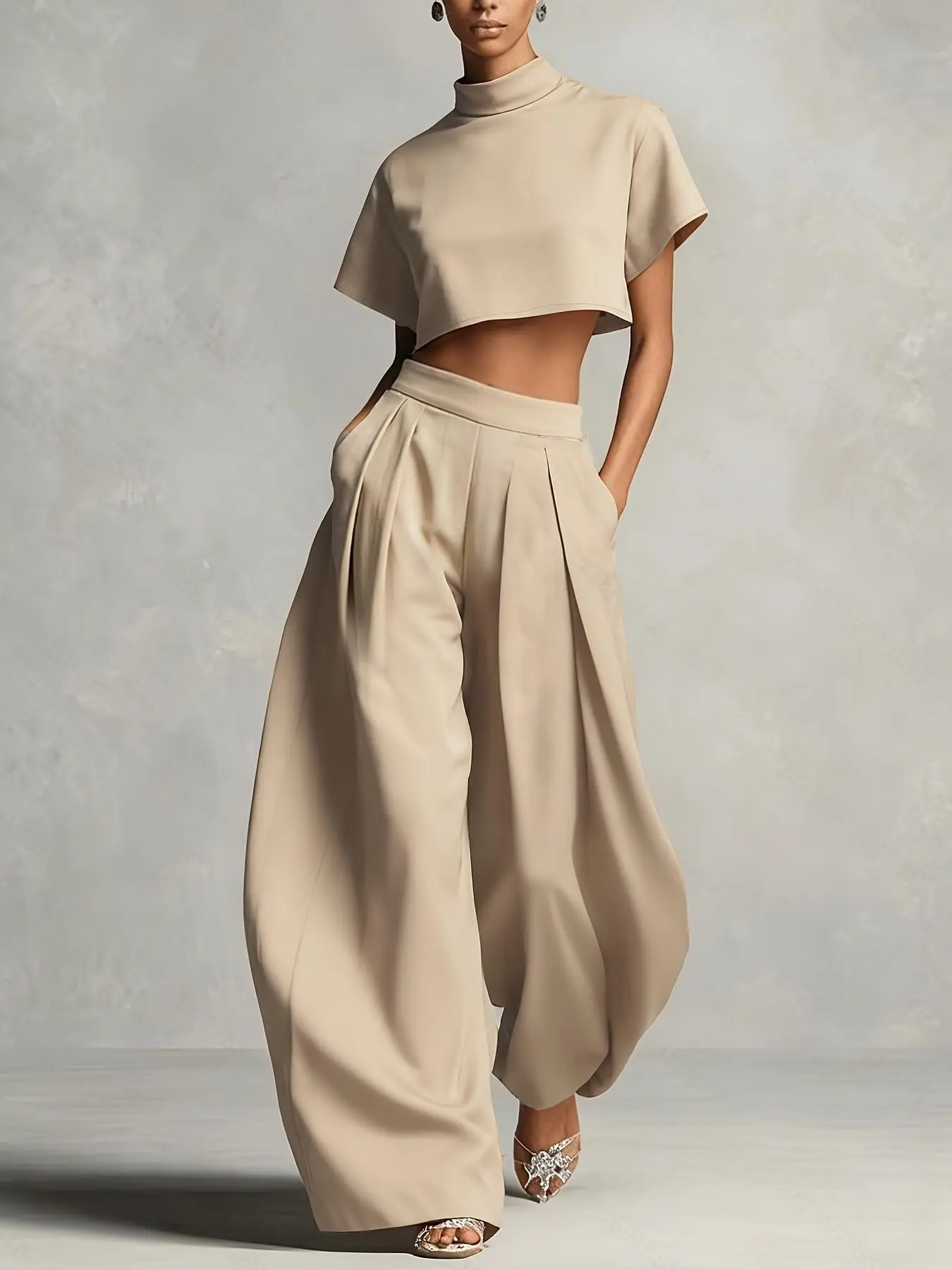 High Neck Short Top and Wide Leg Pants Two-Piece Set, Fashionable, Stylish Clothing Ensemble, Perfect for Daily Wear