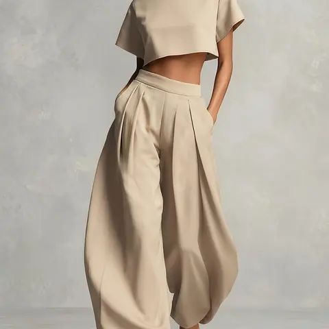 High Neck Short Top and Wide Leg Pants Two-Piece Set, Plaid, Fashionable, Stylish, Chic Clothing Ensemble, Perfect for Daily Wear, Everyday
