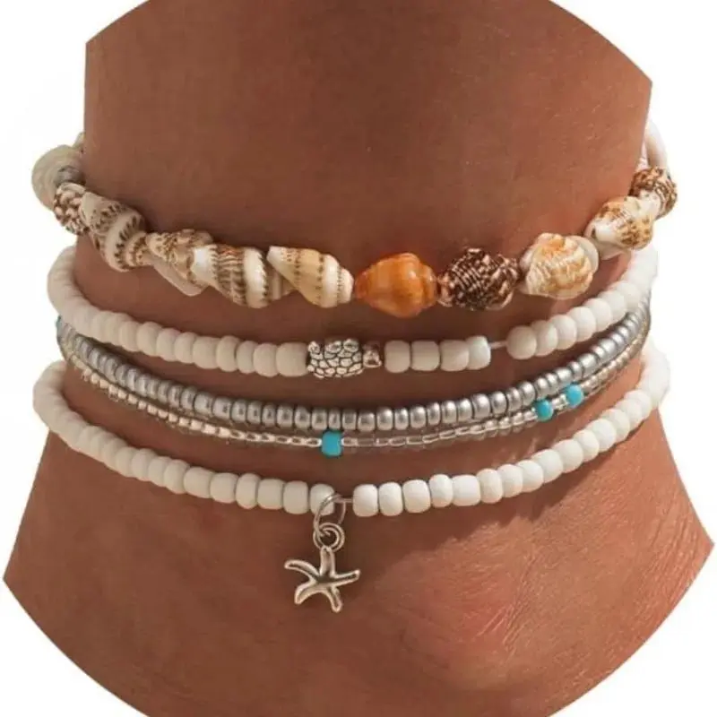 Bead Ankle Bracelets Set for Women, Adjustabl Boho Shell Anklets Hawaiian Beach Seashell Pearl Disc Starfish Conch Foot Jewelry
