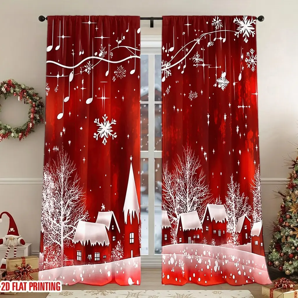 2Pcs Christmas village snowflake music notes curtains, digital printing, light filtering, privacy protection, for living rooms, bedrooms, home decor